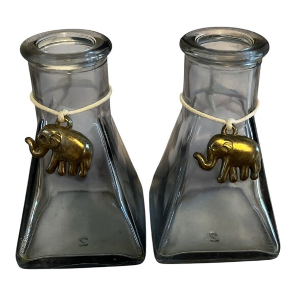 Vintage Square Glass Bottles with Brass Elephant Charms – 3.25” – Likely Used fo - Picture 1 of 4